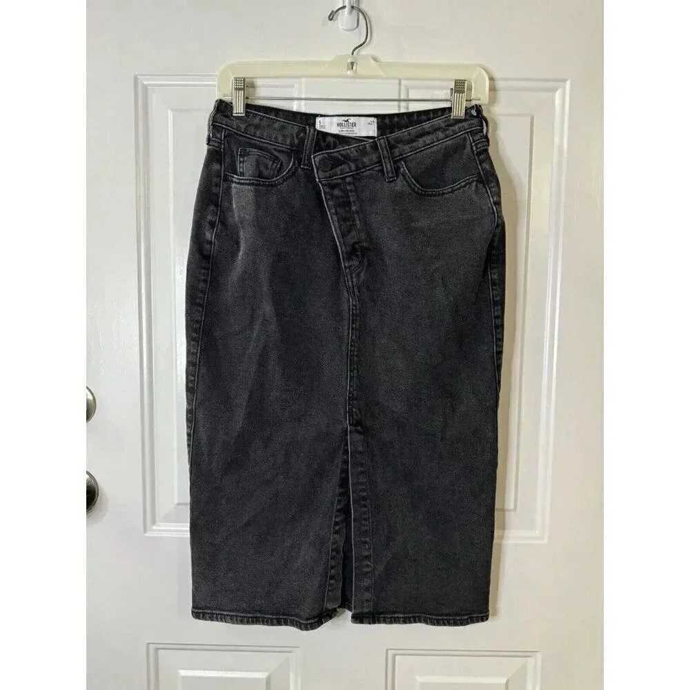 HOLLISTER Womens Black Dark Wash Crossover Skirt Front Slit Size 27 y2k 90' Boho